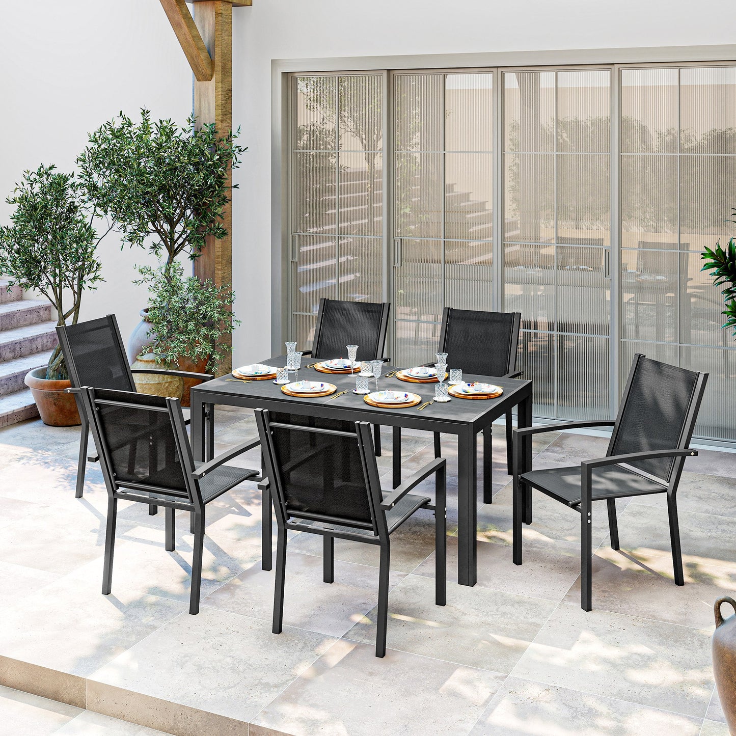 Seven-Piece Garden Dining Set, with Plastic Wood-Top Table - Black