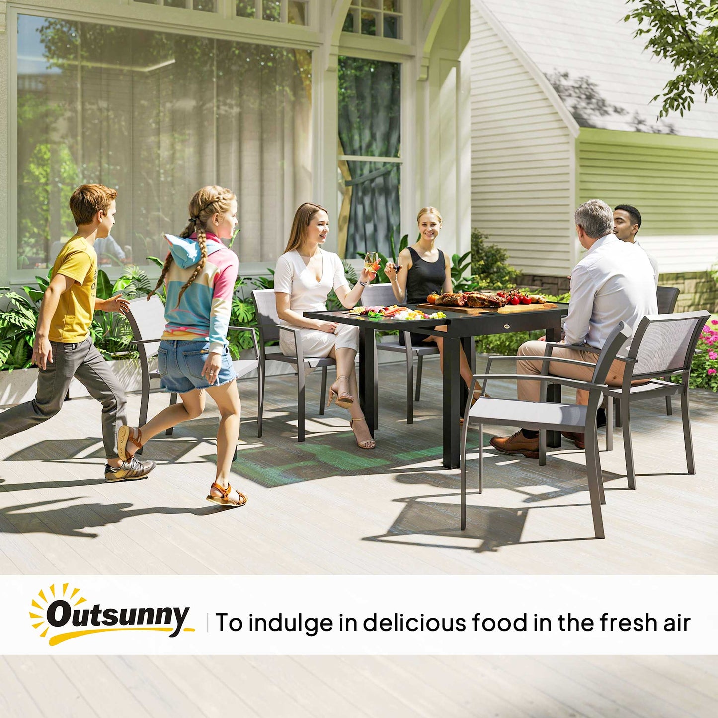 Extending Garden Table, Outdoor Dining Table with Aluminium Frame and Tempered Glass Tabletop, 80/160 x 80 x 75 cm