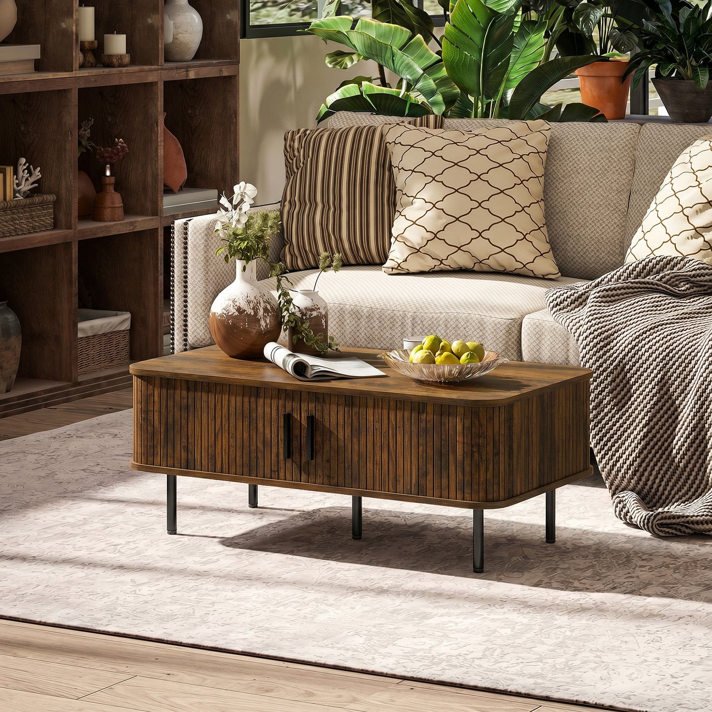 Coffee Table with Storage, Living Room Table with Slatted Tambour Sliding Doors and Adjustable Foot Pads