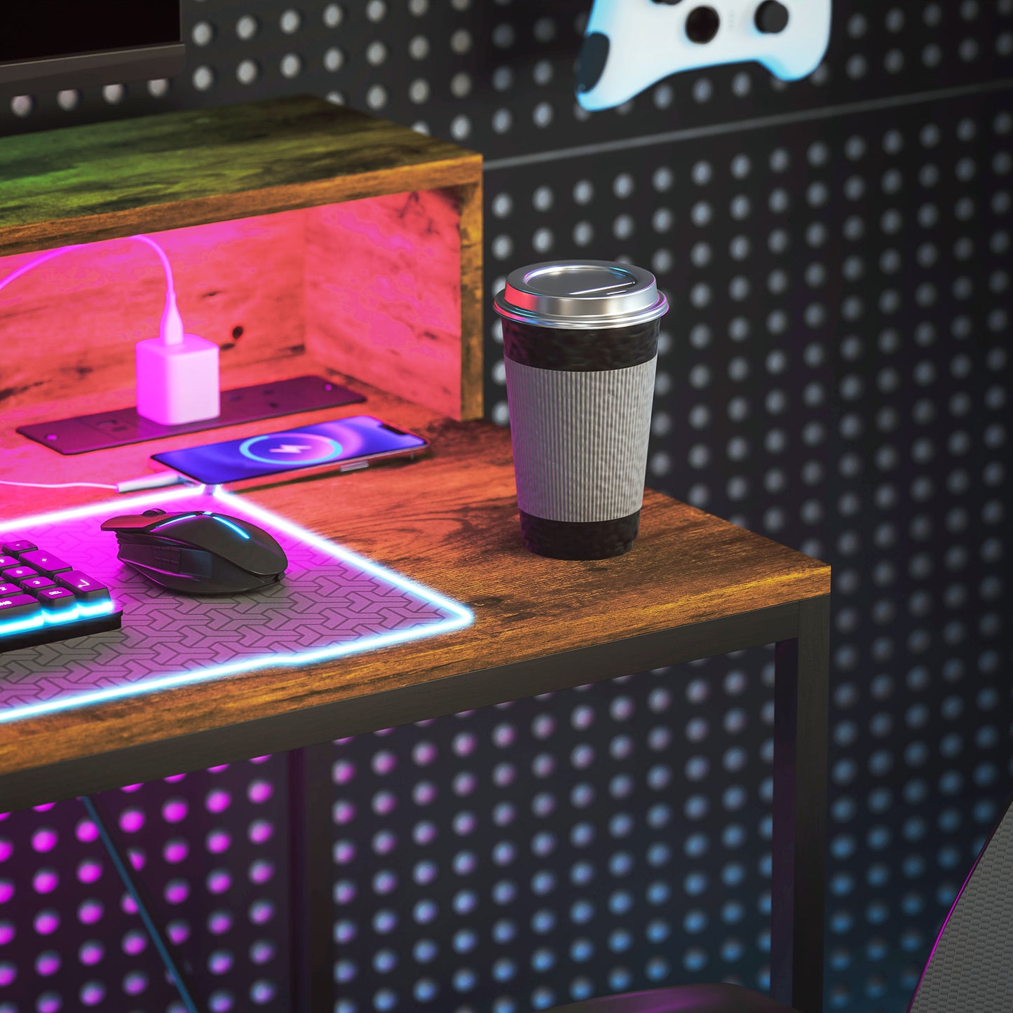 100cm Computer Desk with LED Lights and Power Outlets, Gaming Desk with Monitor Stand, Computer Table