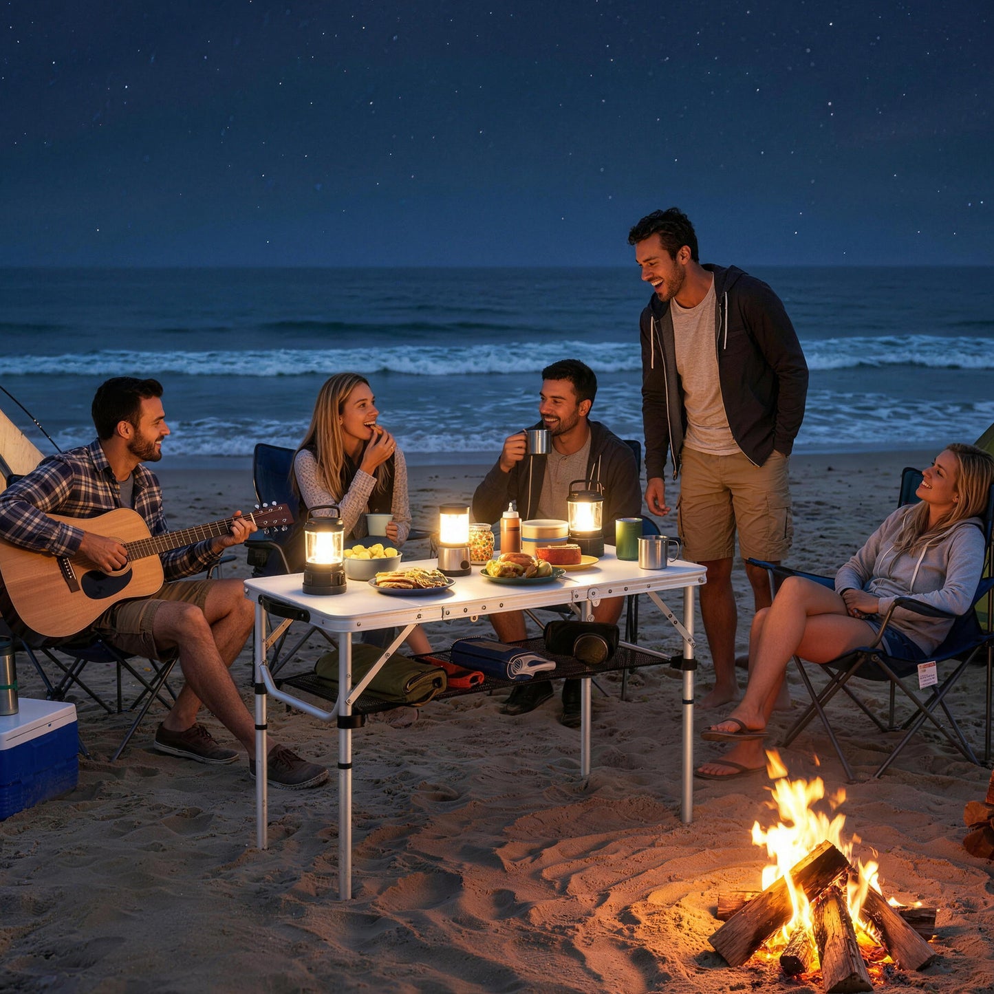 3ft Folding Camping Table, Picnic Table with Mesh Storage Layer, Carrying Bag and Metal Frame, Cream White