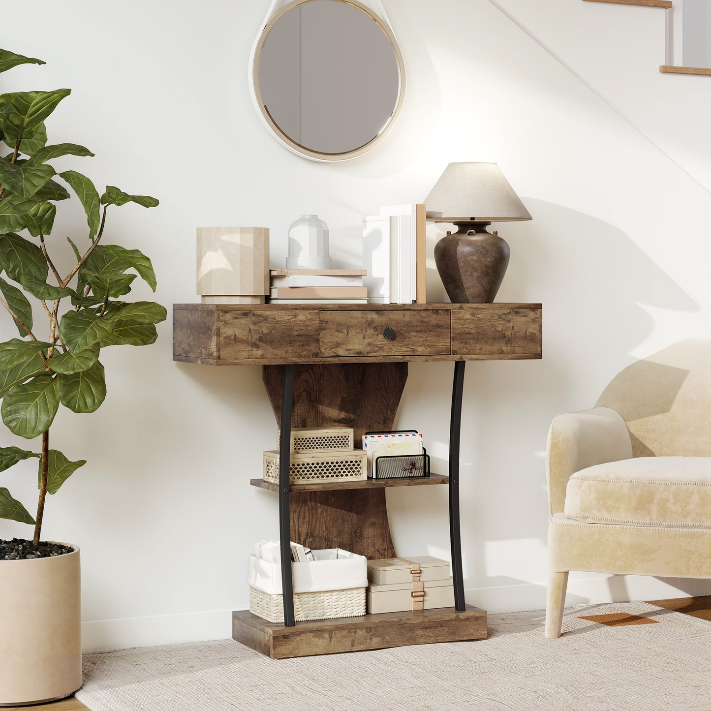 Console Table, 3-Tier Industrial Hallway Table with Drawer, Storage Shelves, 91 x 32 x 87 cm, Rustic Brown