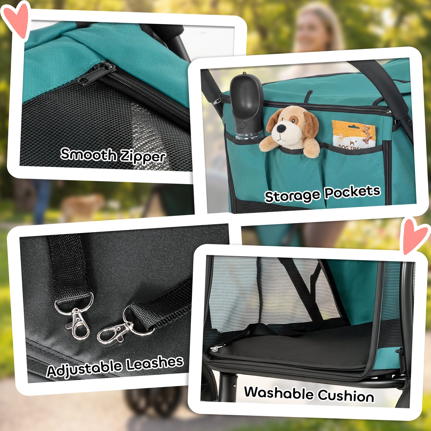 Dog Stroller, 3 Wheels Pet Stroller with Dual Entry, Easy One-Click Quick Fold, Mesh Windows, Washable Cushion