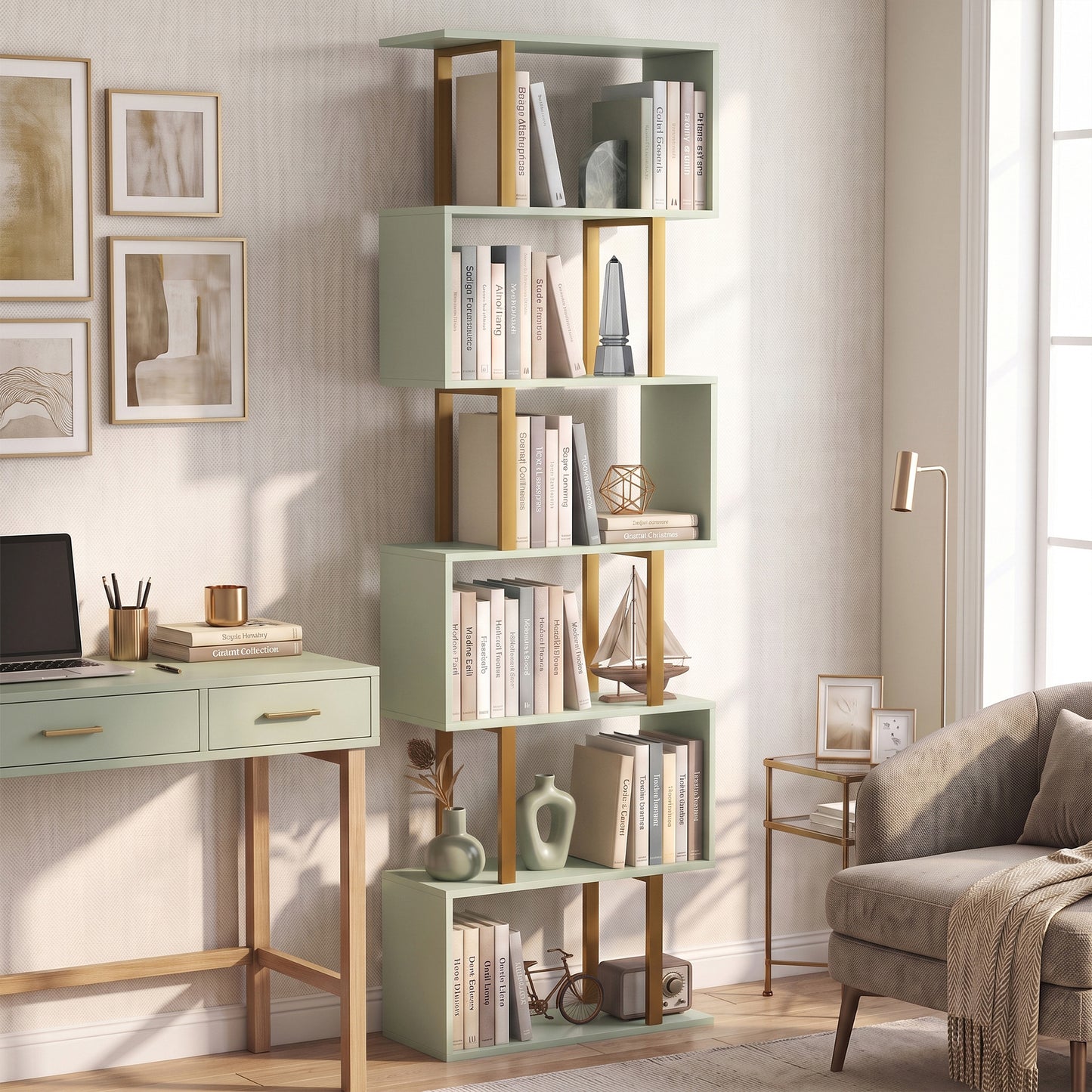 S-Shaped Bookshelf, 6-Tier Bookcase, Freestanding Storage Shelves with Anti-Tip Strap for Living Room, Light Green
