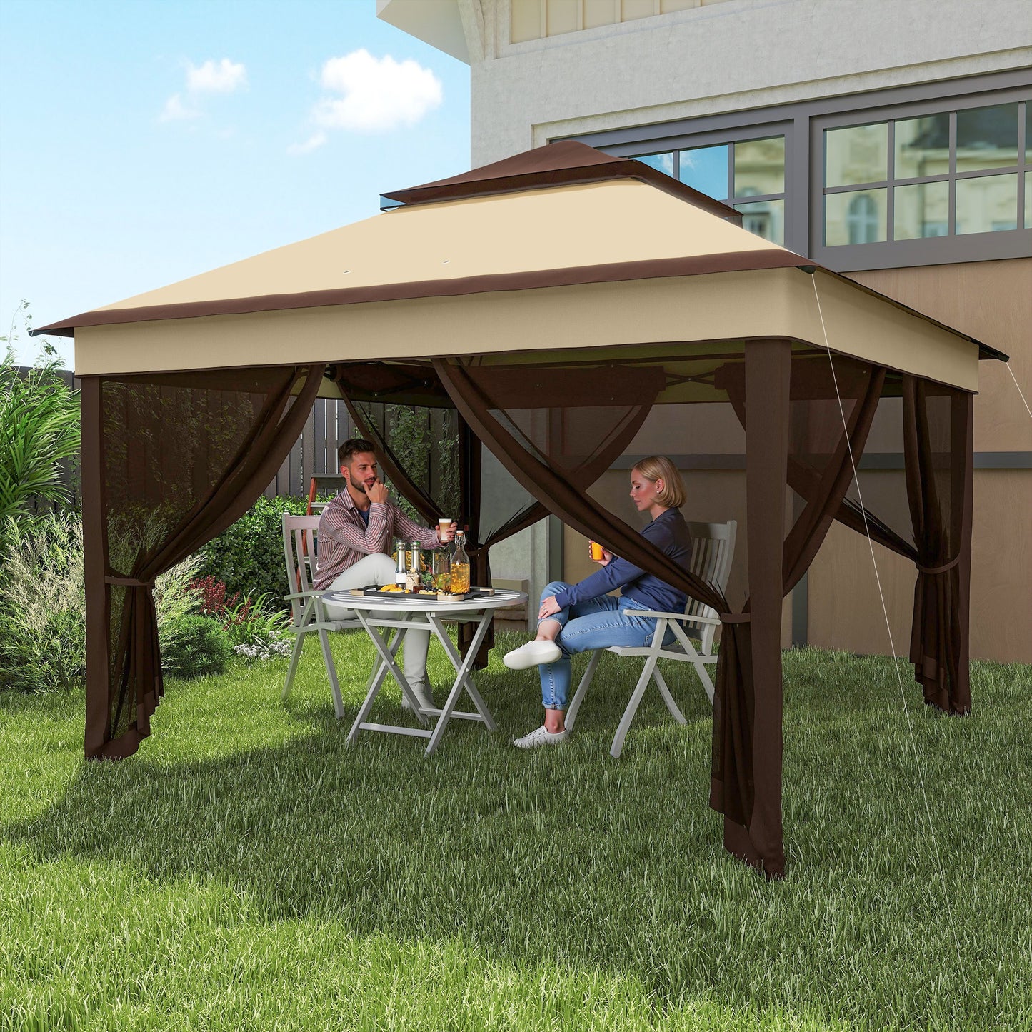 3 x 3(m) Pop Up Gazebo, Height Adjustable Instant Event Shelter with Netting and Carrying Bag, Beige