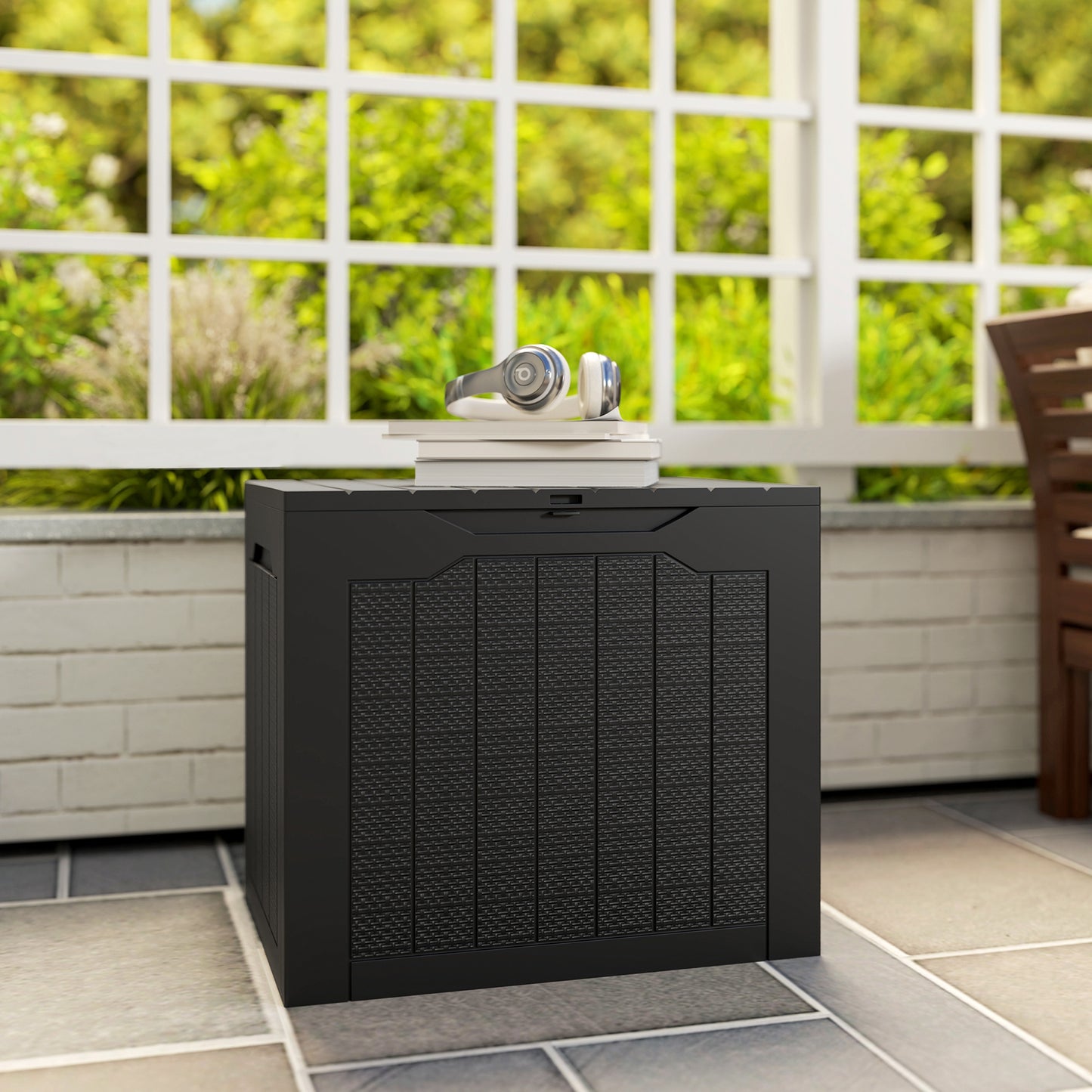 97L Plastic Garden Storage Box, Outdoor Storage Box with Handles, Waterproof Outdoor Storage Container, Black
