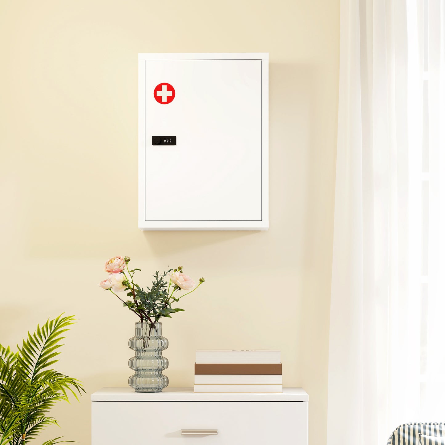 Wall Mount Medicine Cabinet, Bathroom Cabinet with Combination Lock, Door and Storage Shelves, White