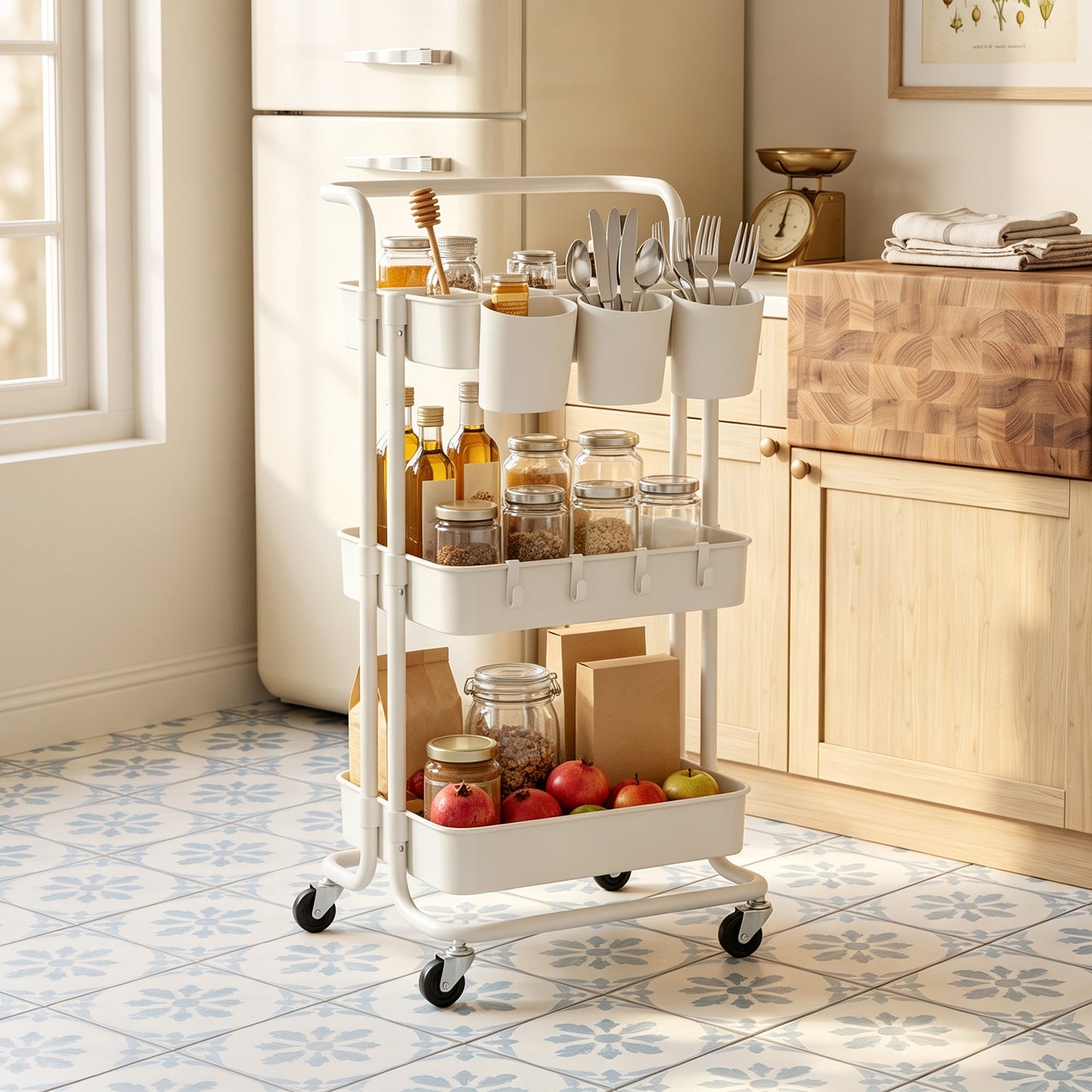 Three-Tier Home Trolley, with Handle and Wheels - White
