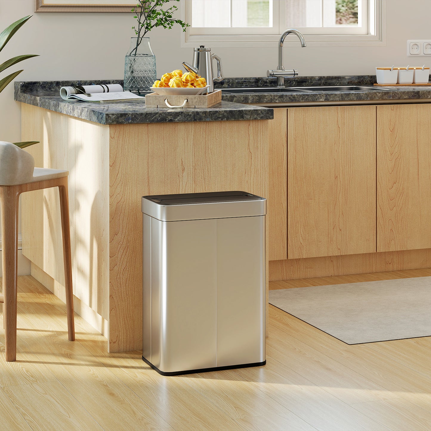 55L Sensor Bin, Large Automatic Touchless Rubbish Bin with Soft-Close Lid, Silver Tone