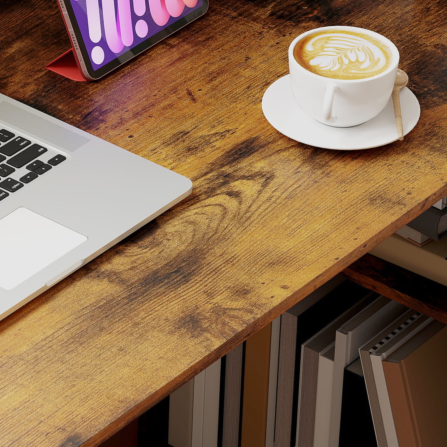 120cm Computer Desk, Wooden PC Laptop Table with 6-Tier Storage Bookshelves, Home Office Working Study Desk
