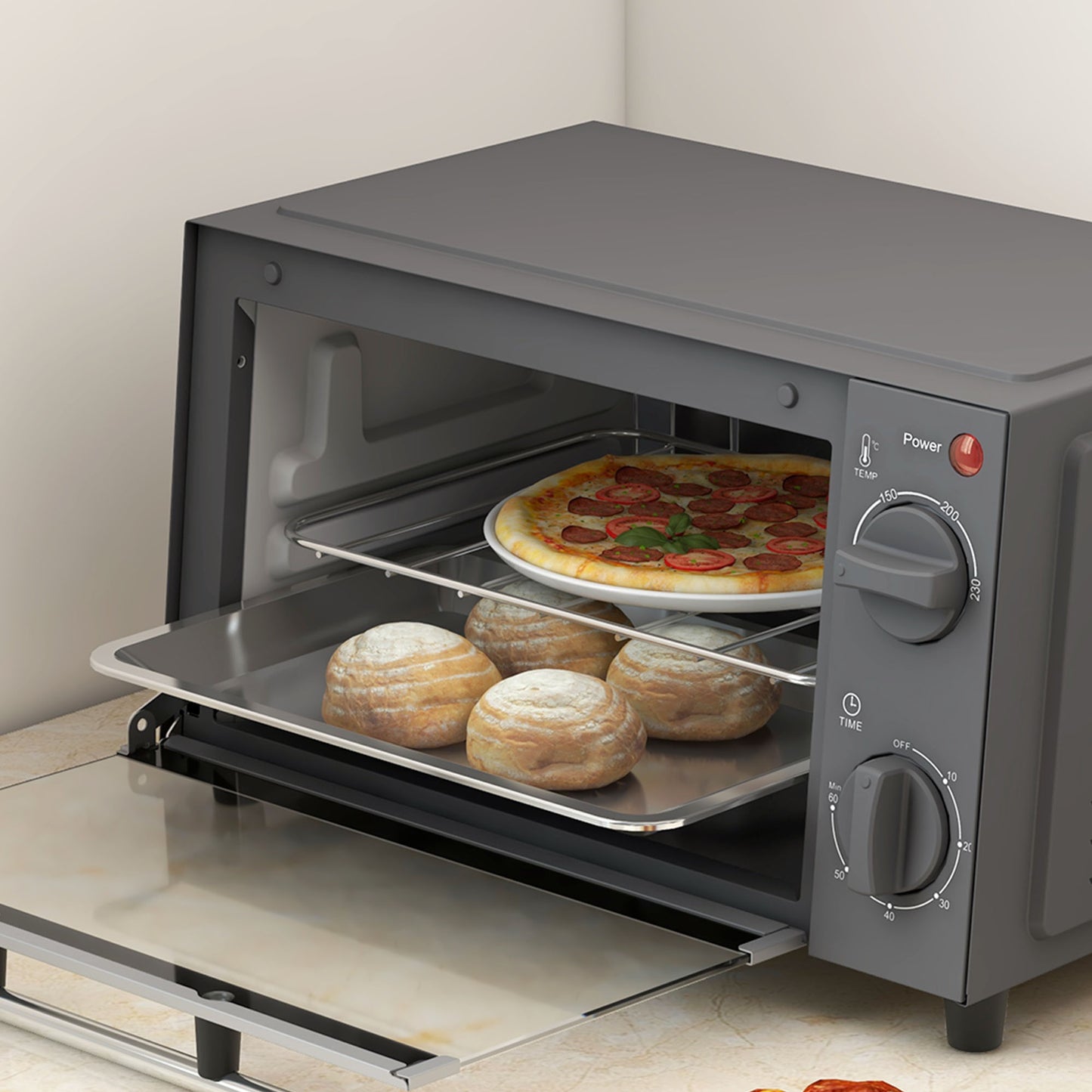 Mini Oven, 9L Countertop Electric Grill, Toaster Oven with Adjustable Temperature, Timer