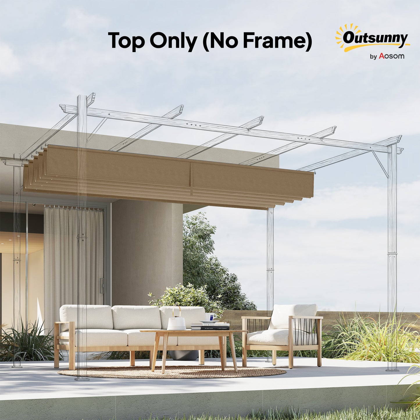 Retractable Pergola Cover, 3.5 x 2.6 m Replacement Canopy Fabric for 4 x 3 m Frame, Roof Top Only, Tan