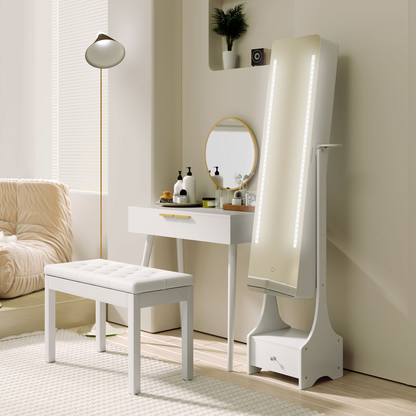 Jewellery Cabinet, Full Length Mirror with Storage, Free Standing Mirror with LED Lights, Hooks