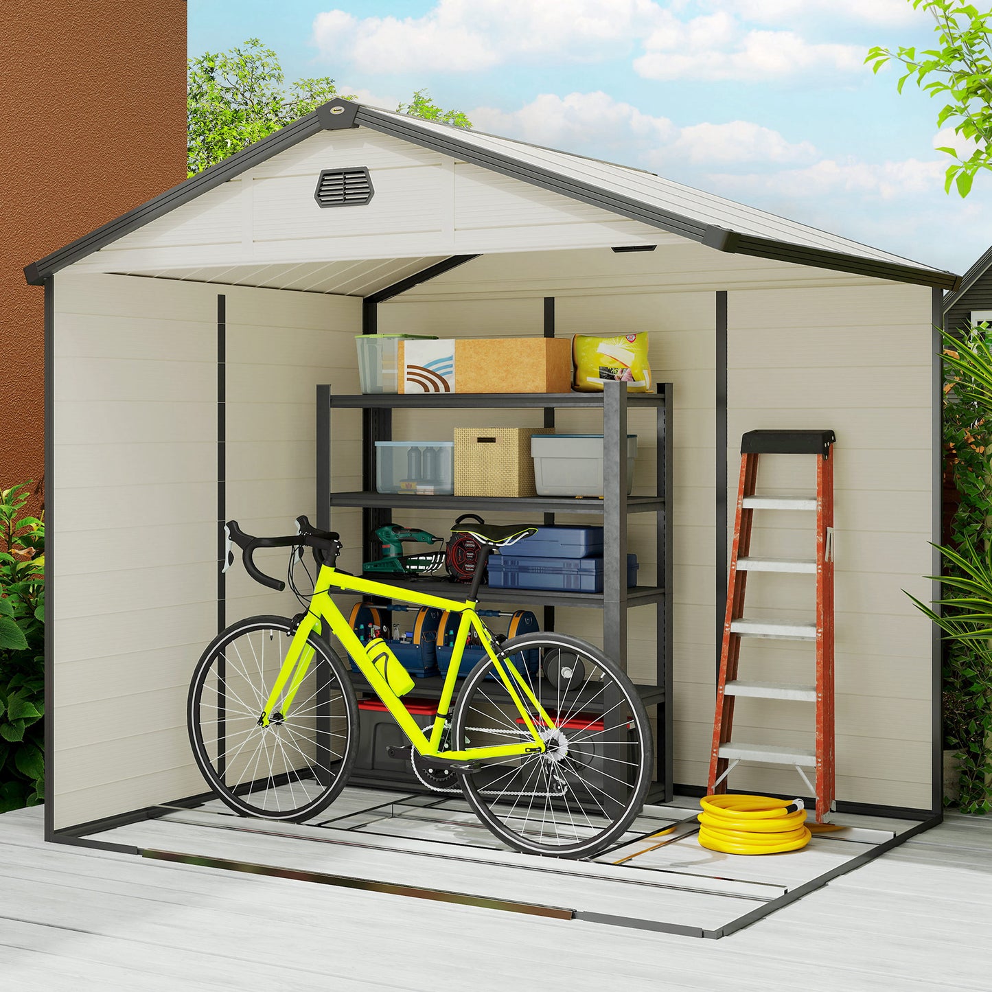 7.9ft x 6.2ft Recycled Garden Shed with Aluminium Frame and Plastic, Wall Shed with Foundation, Waterproof and Rustproof