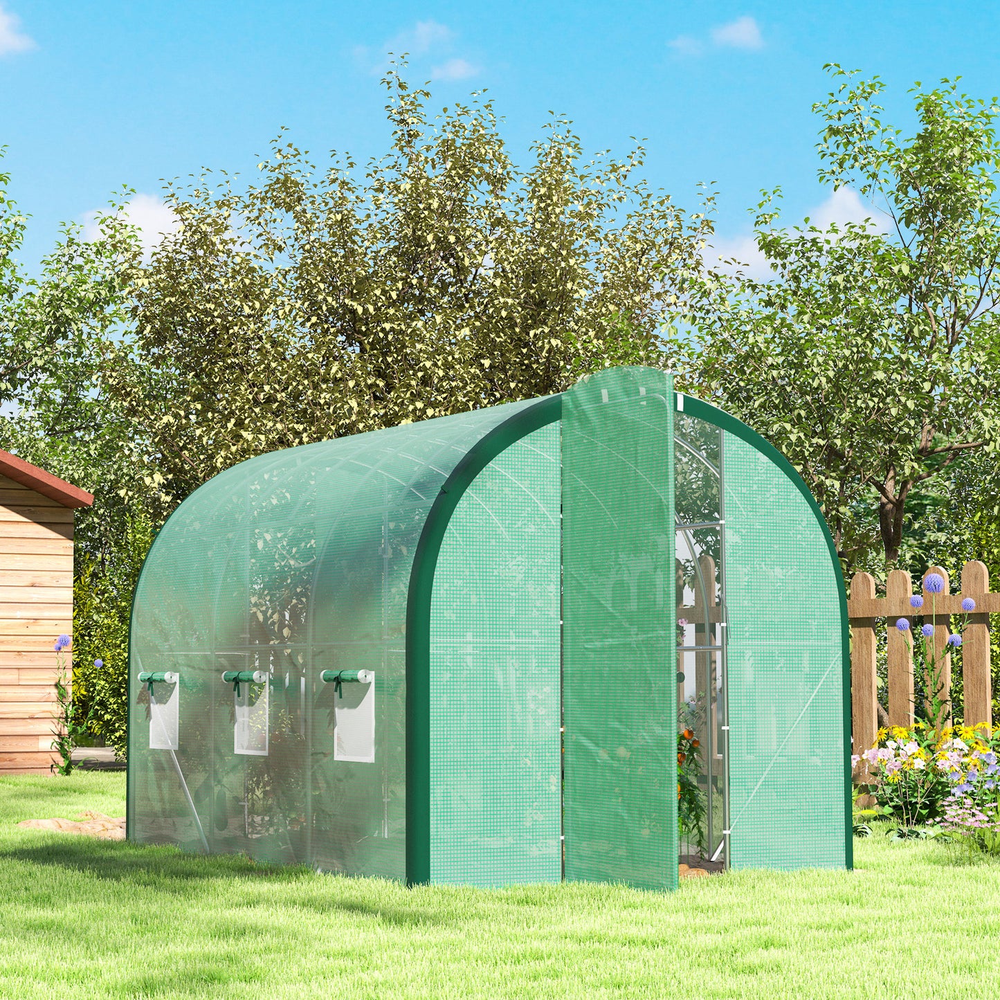 3 x 2 m Polytunnel Greenhouse, with Reinforced PE Cover, Windows and Doors - Green