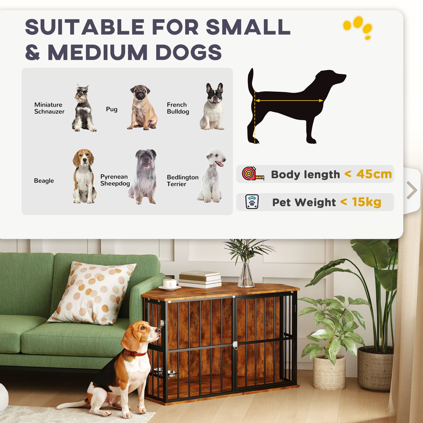 Corner Dog Crate Furniture with Two Bowls, Lockable Doors, for Small, Medium Dogs, Rustic Brown