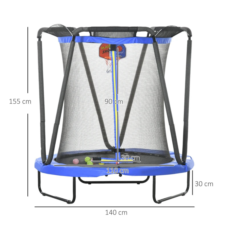 4.6ft - Kids Basketball Trampoline with Safety Enclosure and Hoop / Net - Blue