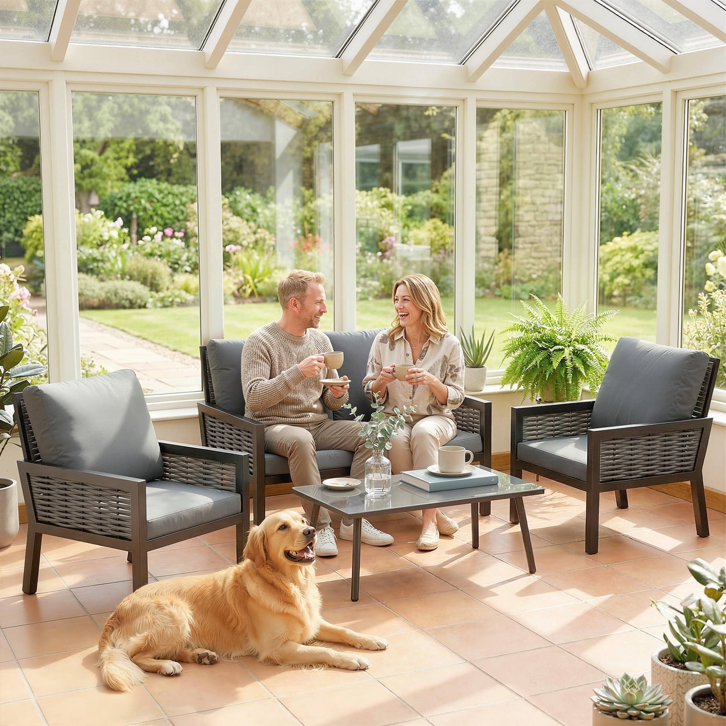 4 Seater Rattan Garden Furniture Set with 2 Armchairs, Loveseat, Coffee Table, Garden Sofa Set with Cushions, Dark Grey