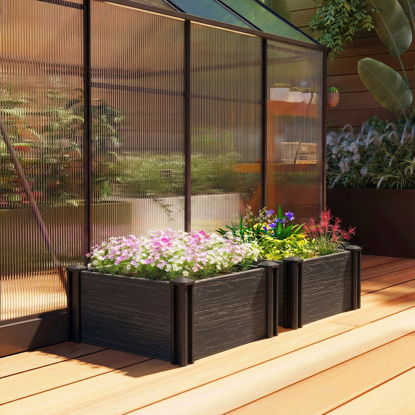 Vinyl Raised Garden Bed Kit, 2 x 2 x 1ft Modular Elevated Garden Box with Slotting Legs and Open Bottom, Dark Grey