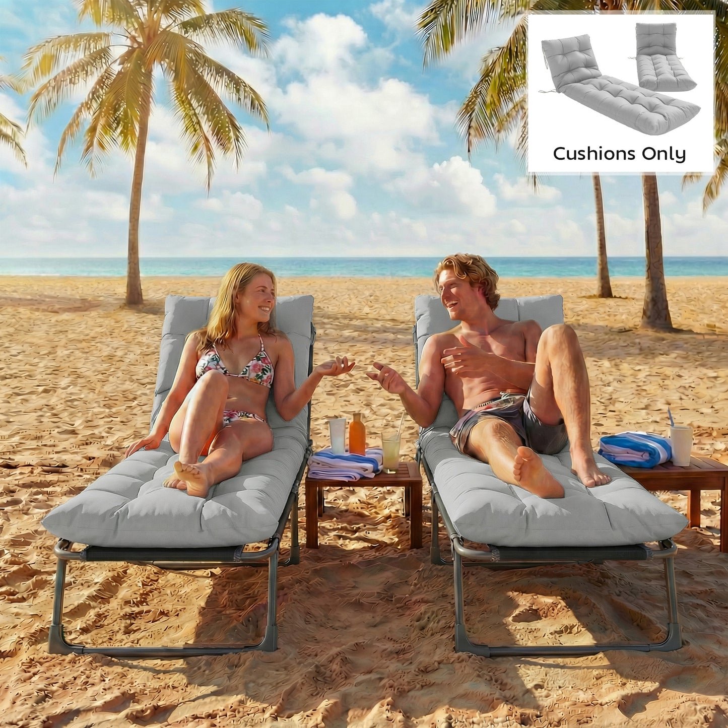 Sun Lounger Cushions Only, Garden Lounge Chair Cushions Set of 2, Sunbed Replacement Pads with 4 Ties, Light Grey