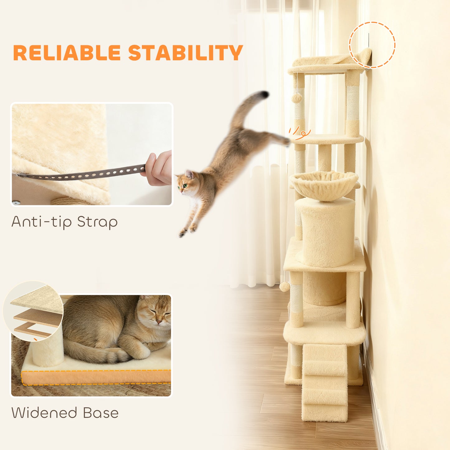 170 cm Large Cat Tree, Cat Tower with 7 Scratching Posts, Tunnel, 2 Condos, Hammock, Perch, Ramp, Pompoms, Beige