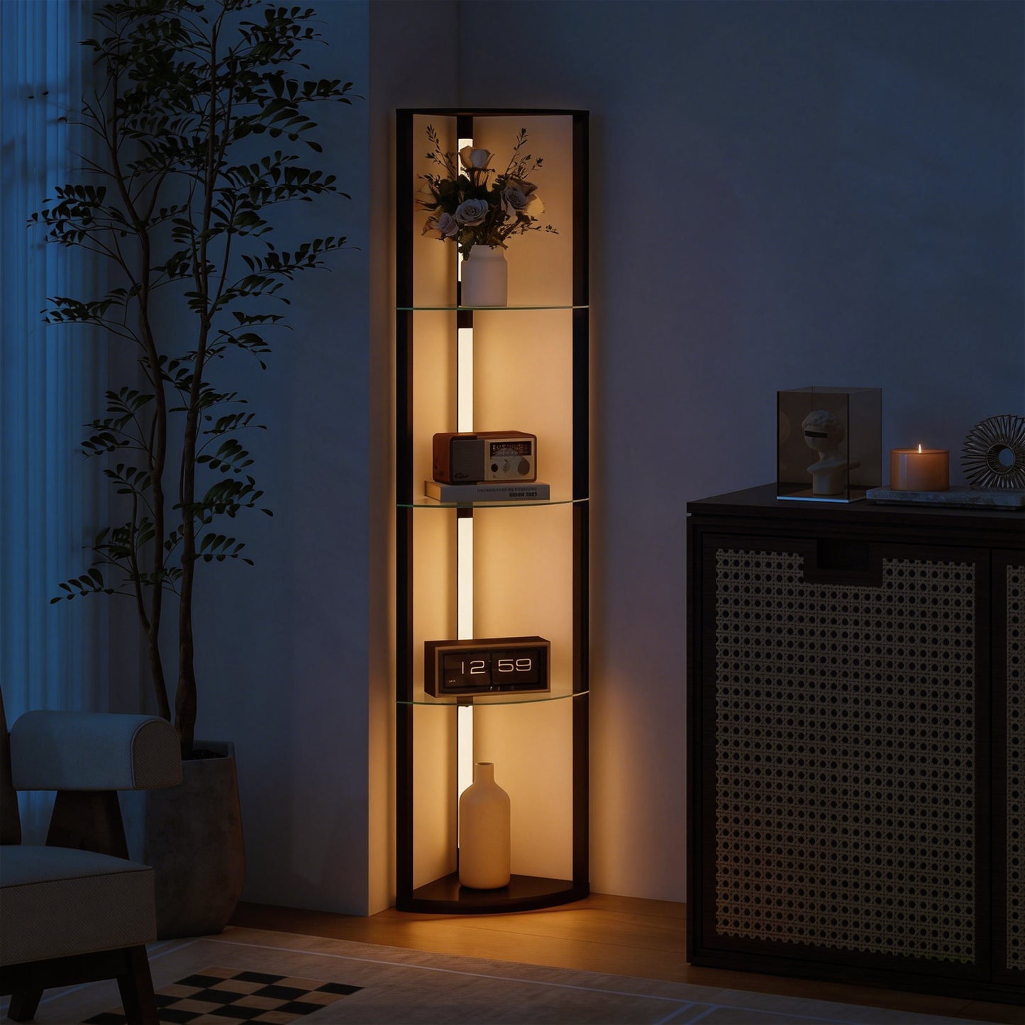 LED Floor Lamp with Shelves, Dimmable Standing Lamp with Foot Switch for Living Room, Bedroom, Black