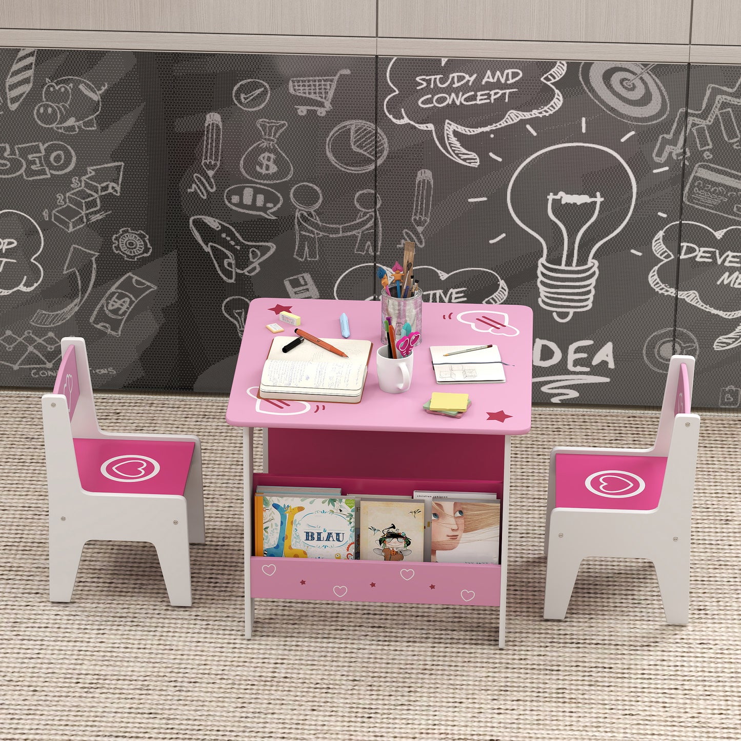 3 Pieces Kids Table and Chair Set, Toddler Activity Table with Bookshelves, for Living Room, Nursery, Playroom, Pink