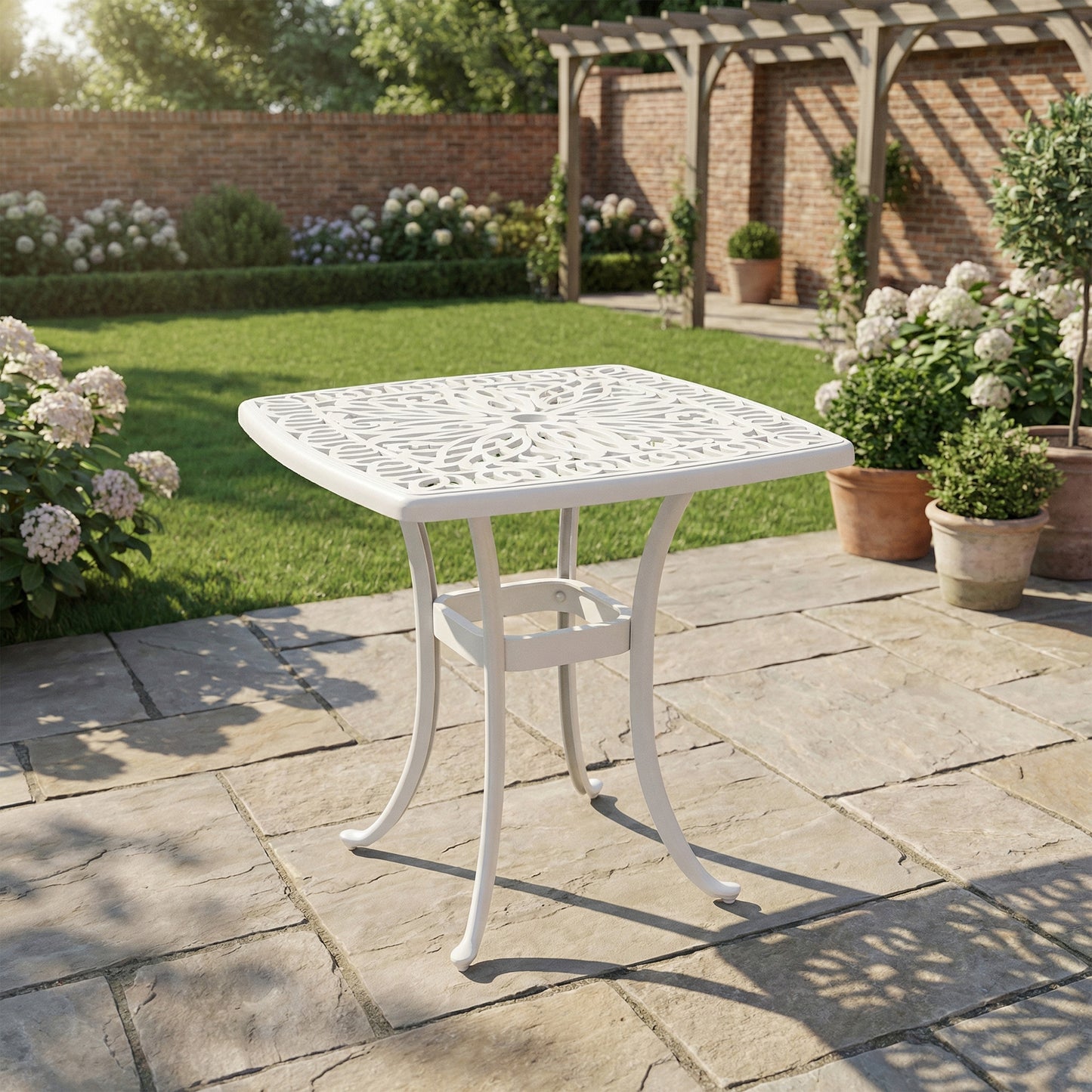 Outdoor Garden Table with 38mm Dia. Umbrella Hole, Cast Aluminium Patio End Table with Anti-slip Foot Pads for Garden