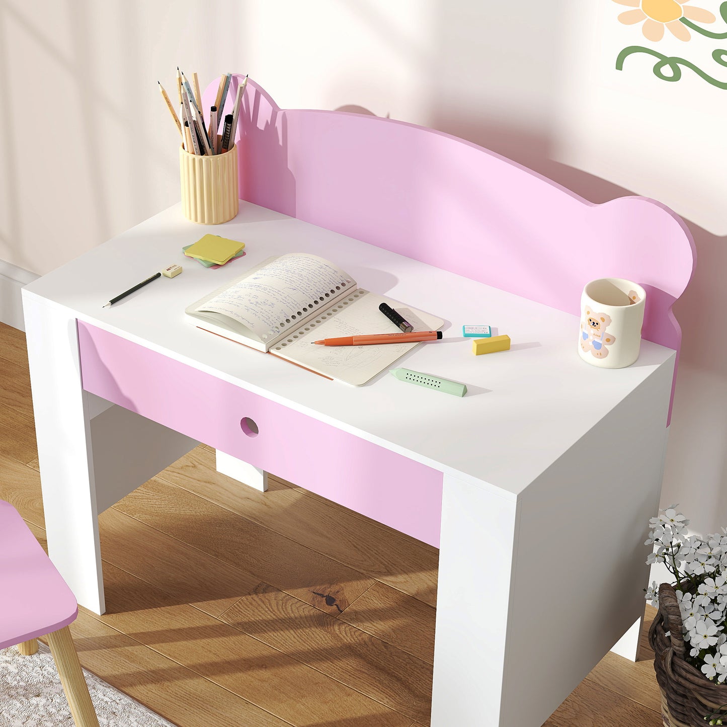Kids Desk and Chair Set with Drawer for Drawing, Reading, Bear Theme Children Furniture for Bedroom, Daycare, Pink