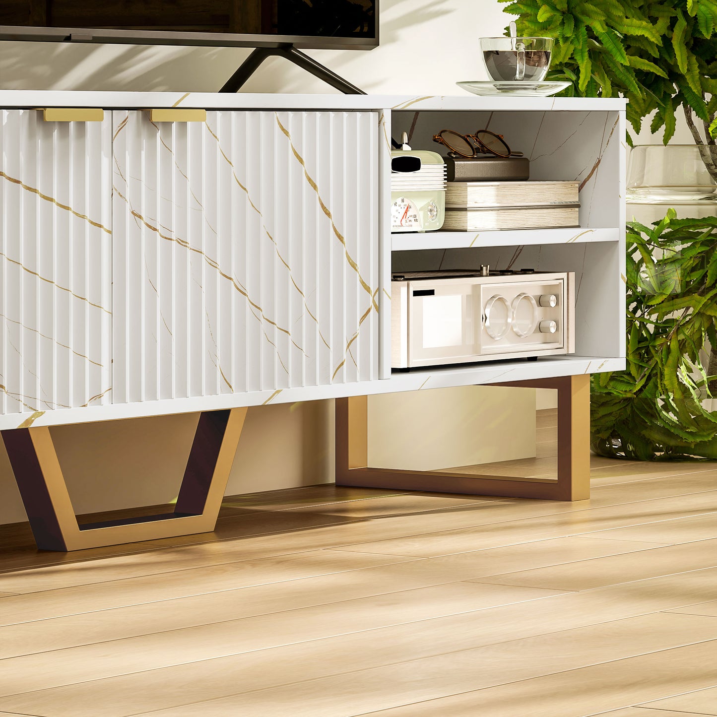 Marble Effect TV Unit, Modern TV Stand Cabinet for up to 70" TVs, with Shelves and Storage Cupboard, Fluted Door