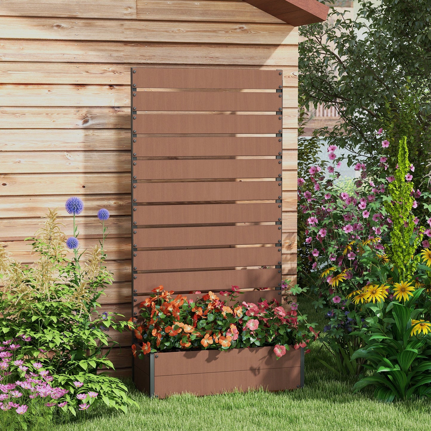 Raised Bed for Garden, Planter with Trellis for Climbing Plants, Vines, Planter Box with Drainage Gap, Light Brown