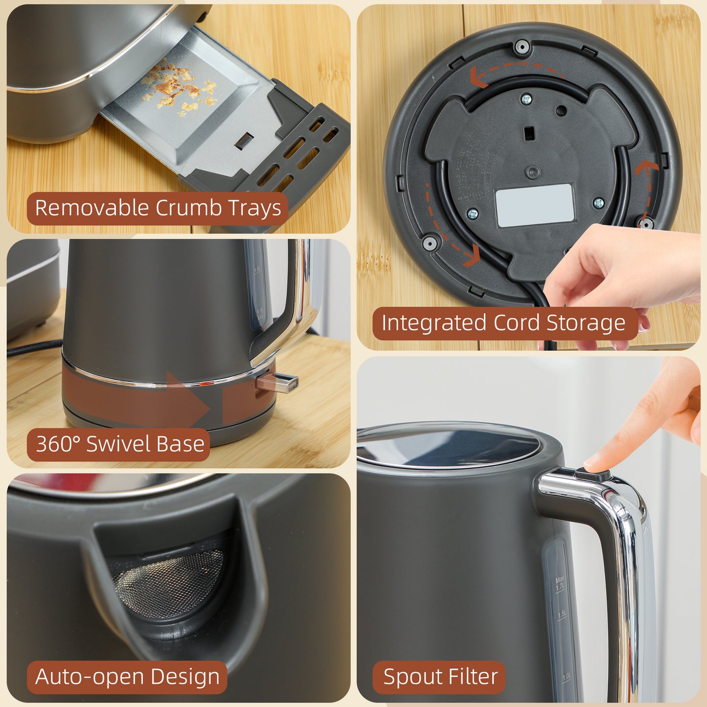Kettle and Toaster Set, 1.7L 3000W Fast Boil Kettle & 2 Slice Toaster Kitchen Set with 6 Level Browning Controls, Defrost