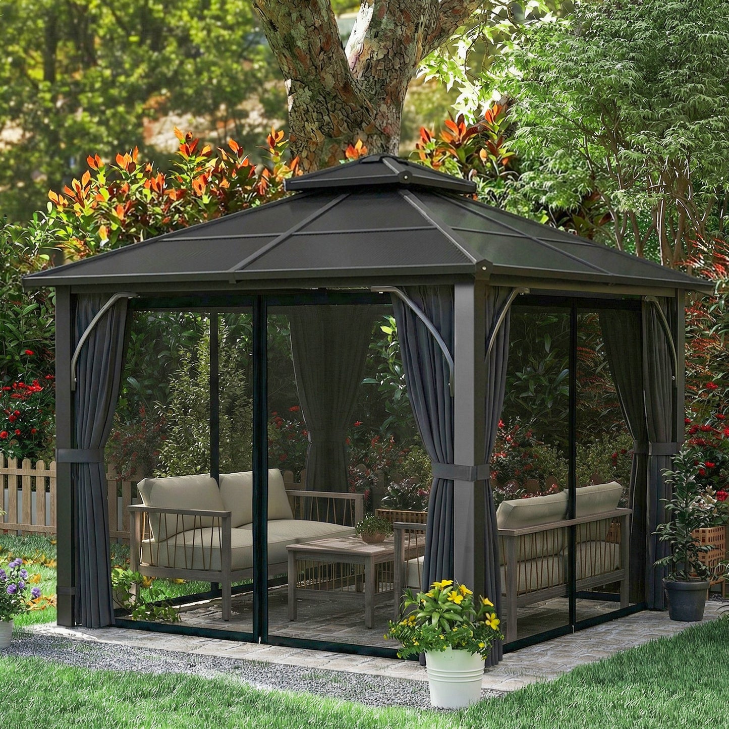 2.5 x 2.5 m Hardtop Gazebo Canopy with 7mm PC Roof, Garden Gazebo Permanent Pavilion with Netting, Curtains, Dark Grey