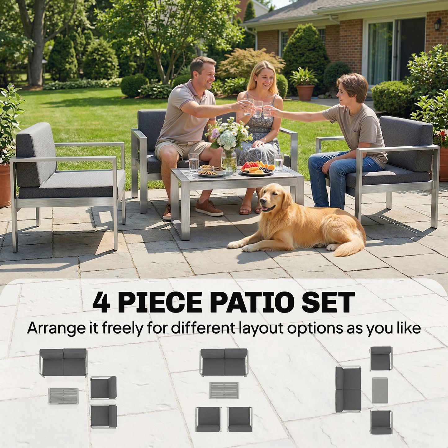 4 Seater Garden Furniture Set, Extra Wide Deep Garden Sofa Set with Olefin Cushions, Brushed Aluminium Frame, Dark Grey