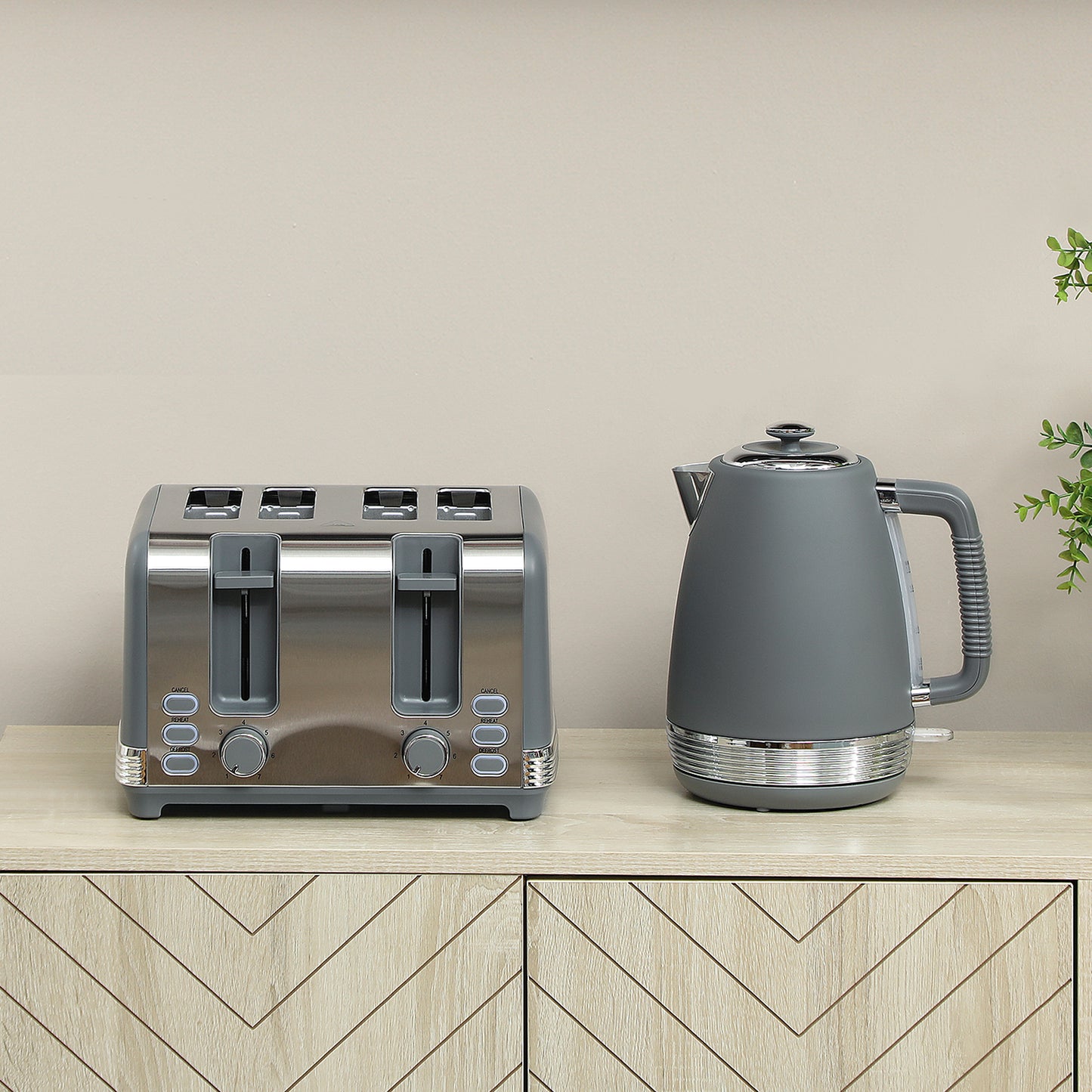 Stainless Steel Panel Kettle and Toaster Set - Grey