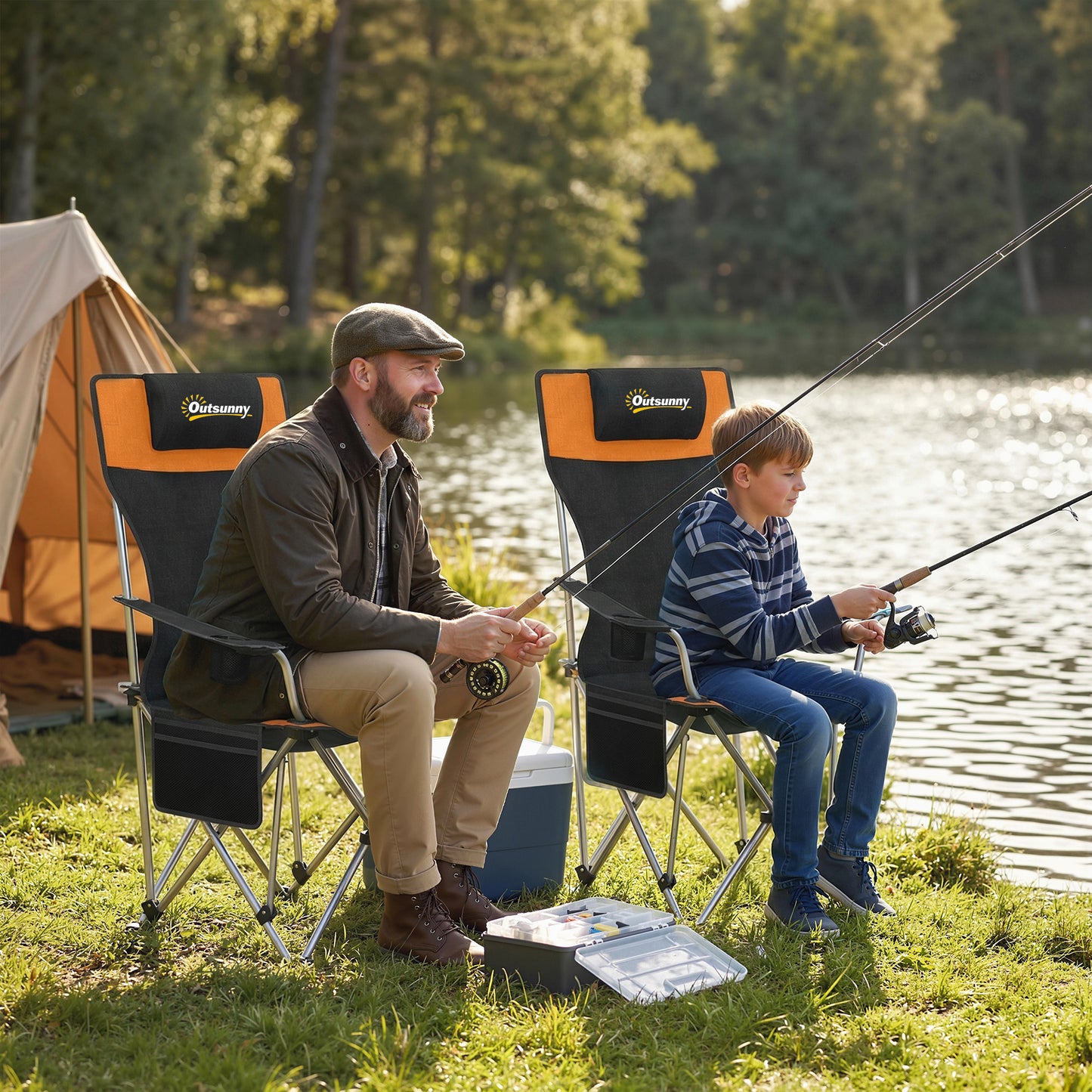 Set of 2 Reclining Folding Camping Chair w/ Detachable Footrest, Storage Bag, Cup Holder & Headrest