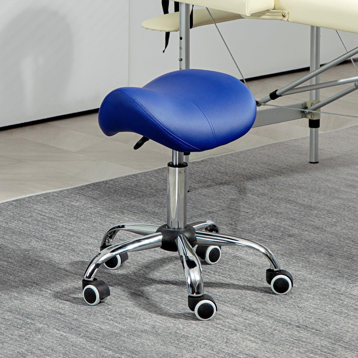 Saddle Stool, Height Adjustable Salon Chair for Massage Spa, Faux Leather, Dark Blue