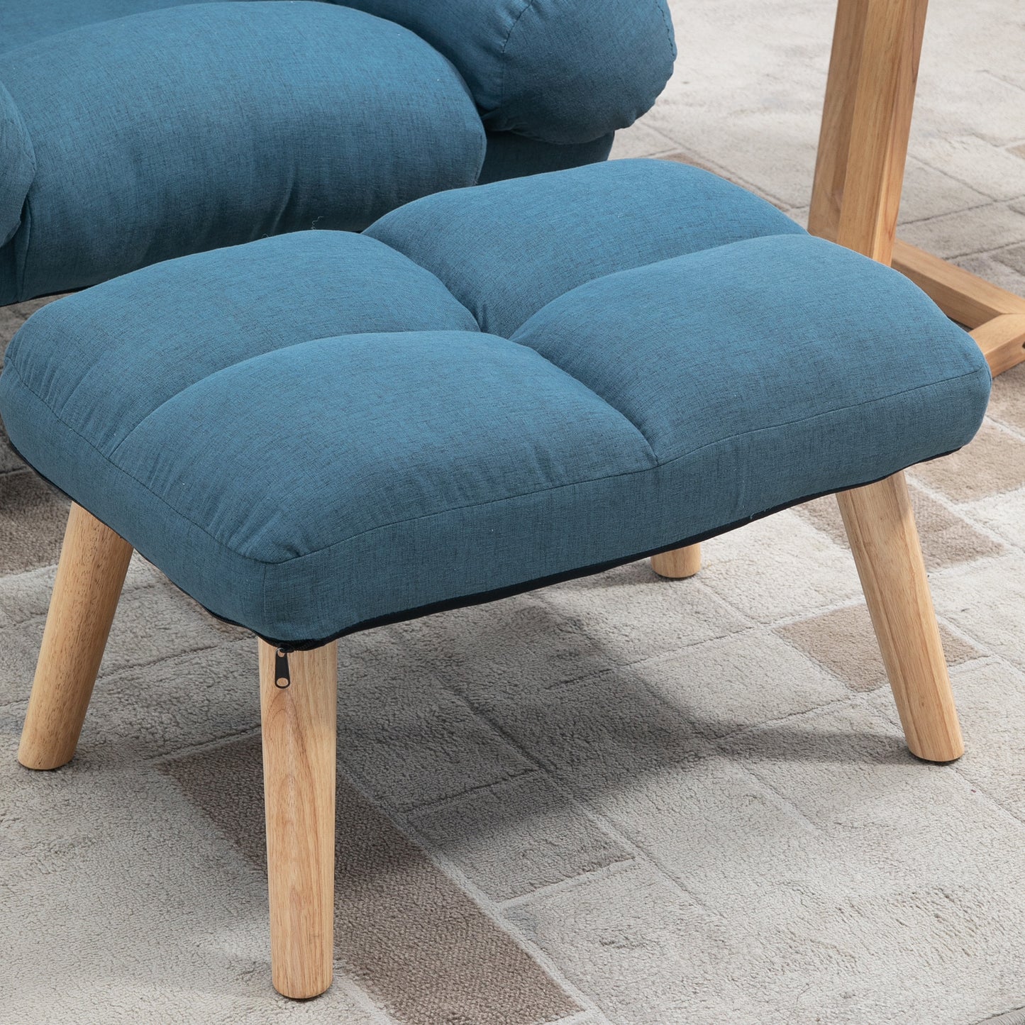 Recliner Chair with Footstool, Recliner Armchair with Adjustable Backrest, Thick Cushion and Wooden Legs, Blue