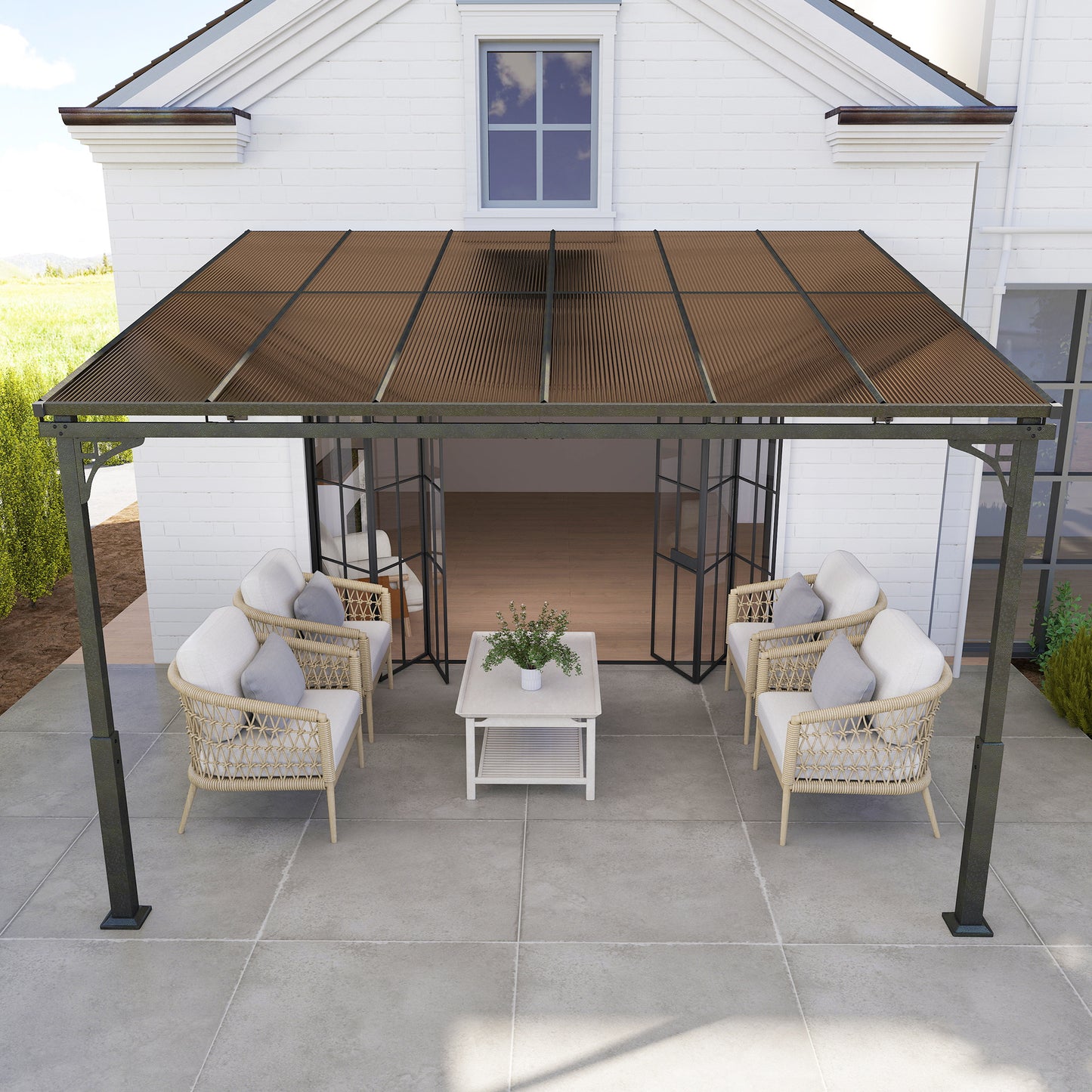 3.4 x 3 m Metal Lean-to Pergola, Wall-Mounted Garden Pergola with Polycarbonate Roof and Metal-Aluminium Frame