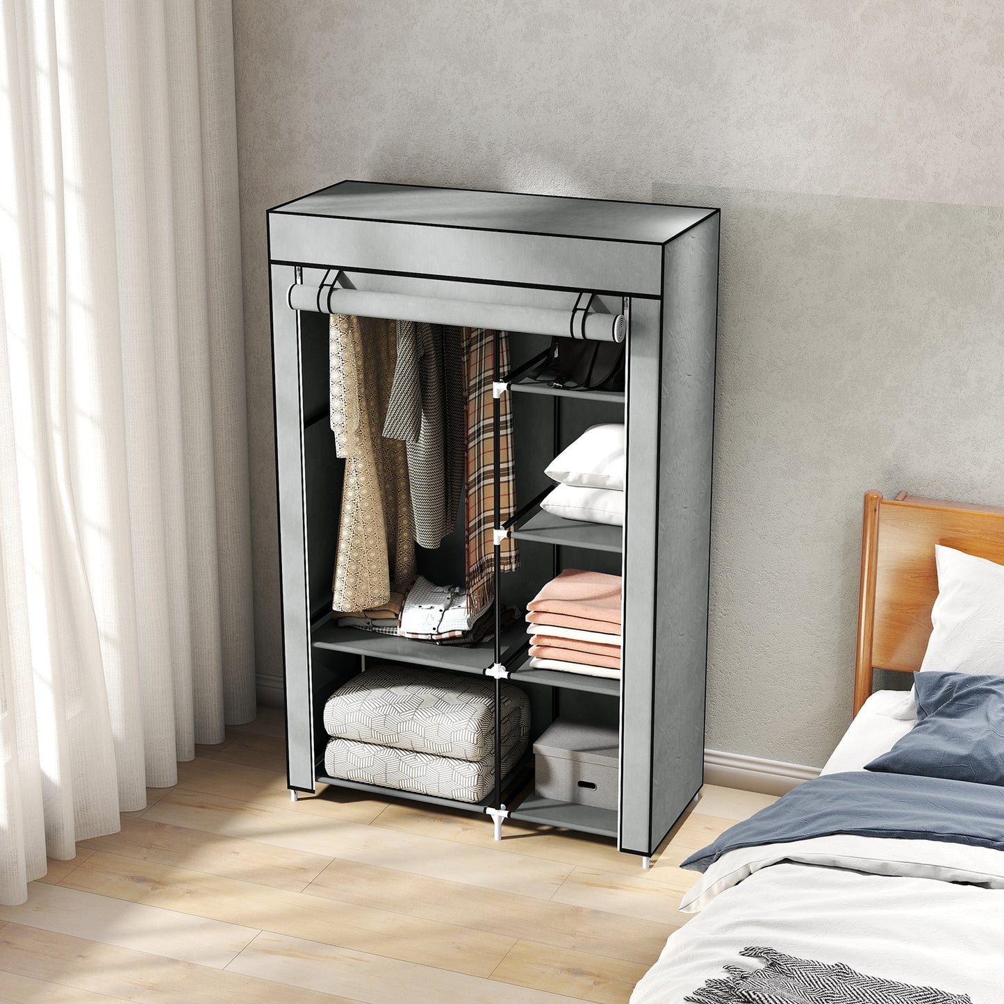 Fabric Wardrobe w/ Shelves Hanging Rail Foldable Wardrobe Light Grey