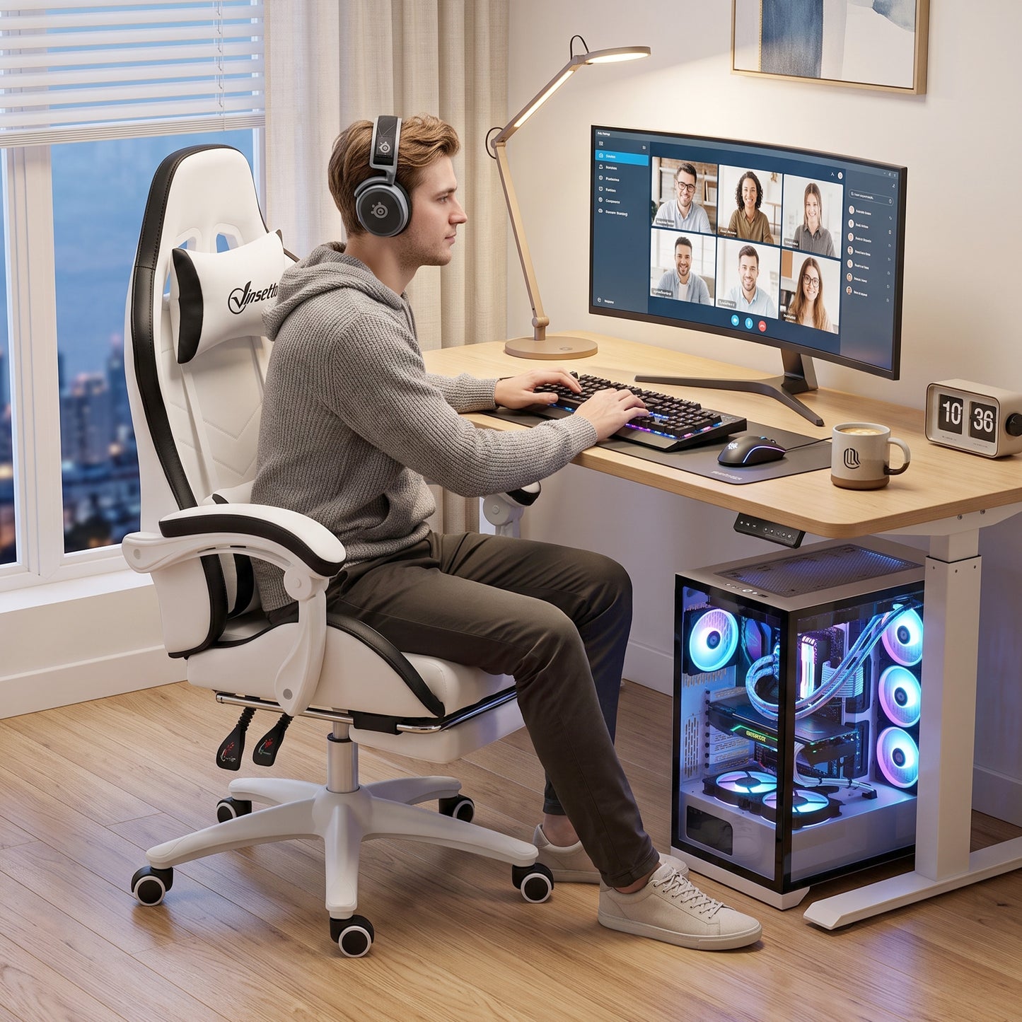 Gaming Chair, Computer Gamer Chair with Reclining High Back, Headrest, Lumbar Support, Footrest, Swivel Wheels, PU Leather
