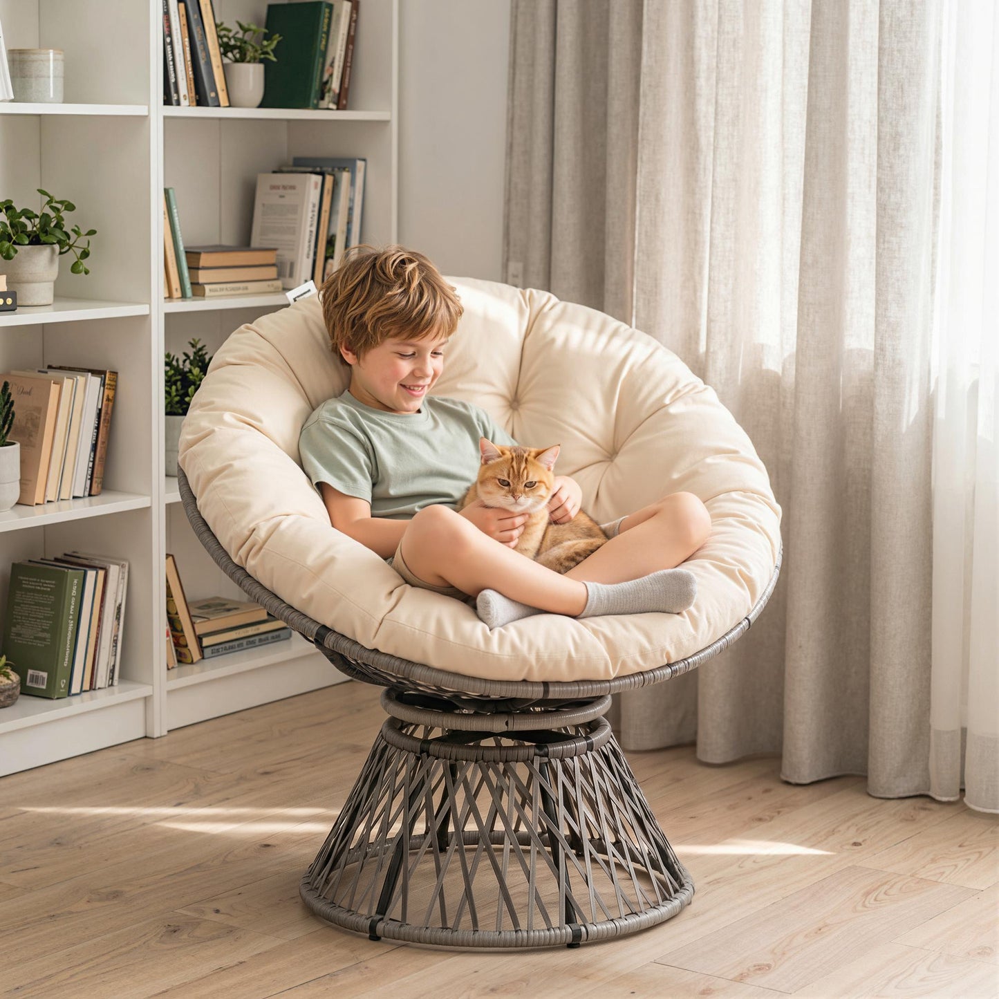 360° Swivel Rattan Moon Bowl Chair Round Lounge Garden Wicker Basket Seat with Padded Cushion Oversized for Outdoor Indoor