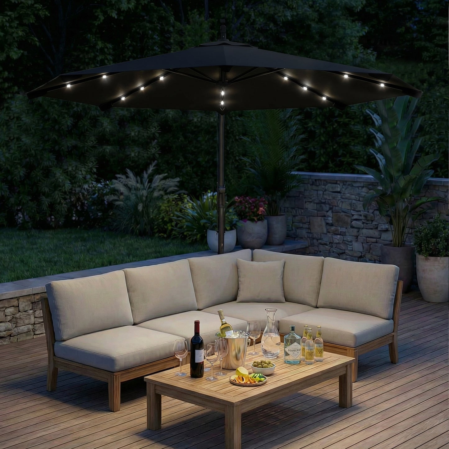 3 m Cantilever Parasol with Solar LED Lights Garden Umbrella with Cross Base, Black