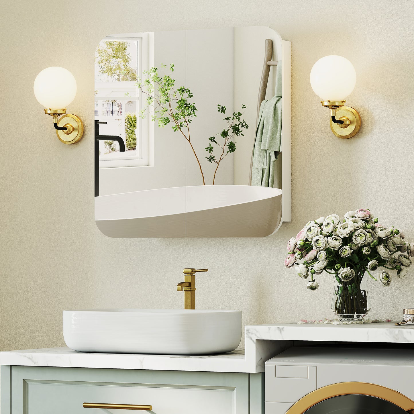 Arched Bathroom Mirror Cabinet with Adjustable Shelves - White