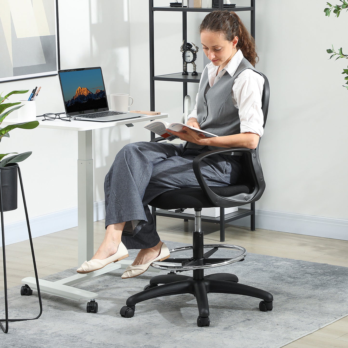 Drafting Chair with Adjustable Footrest, Ergonomic Mesh Office Chair with Lumbar Support