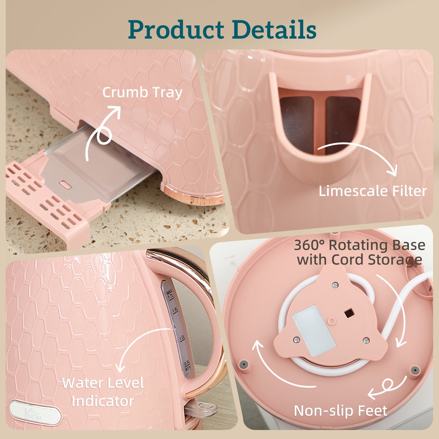1.7L 3000W Fast Boil Kettle & 2 Slice Toaster Set, Kettle and Toaster Set with Auto Shut Off, Browning Controls, Light Pink