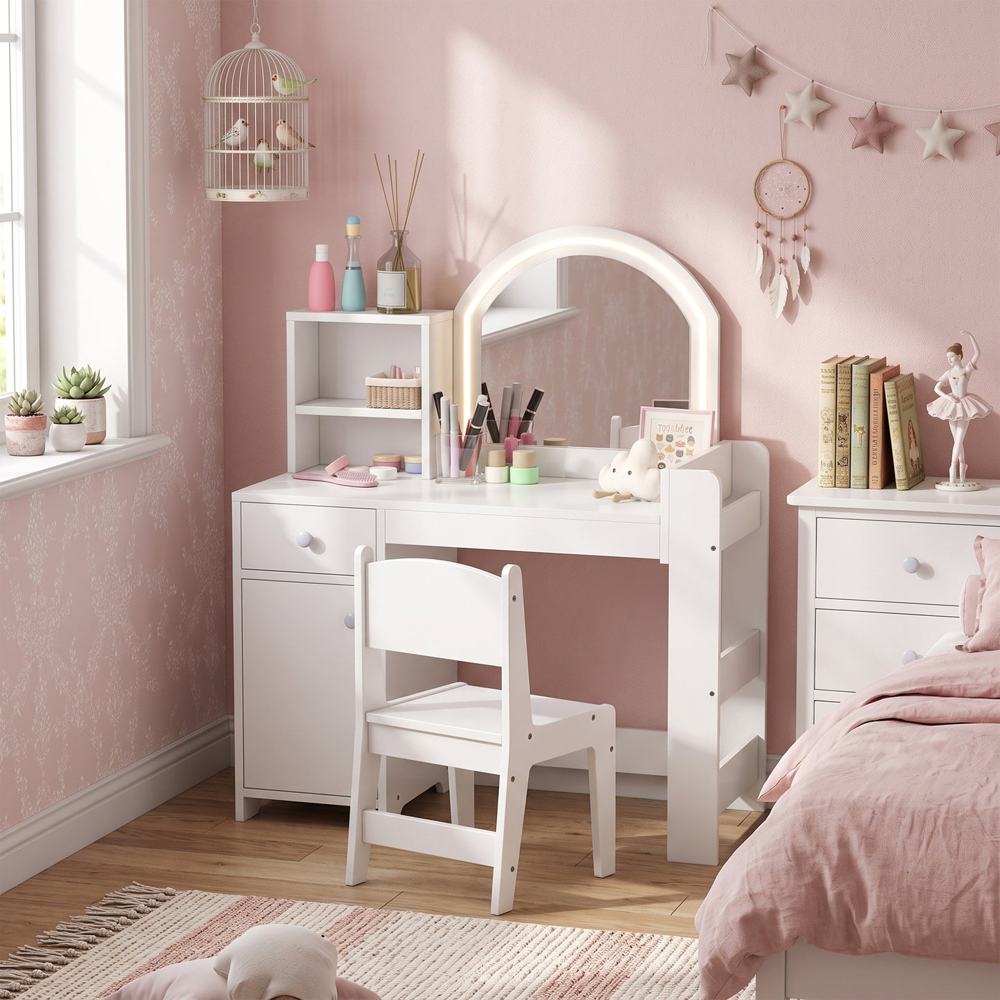 Kids Vanity Table and Chair Set, Girls Dressing Table with 2-Colour LED Mirror, Stool, Cabinet, Drawer, Shelves, White