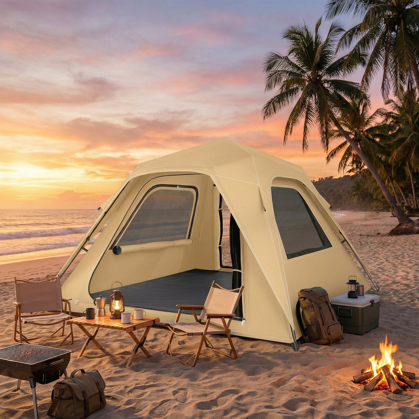 Pop Up Tent 3000mm Waterproof Camping Tents with Mesh Windows 2-3 People Khaki