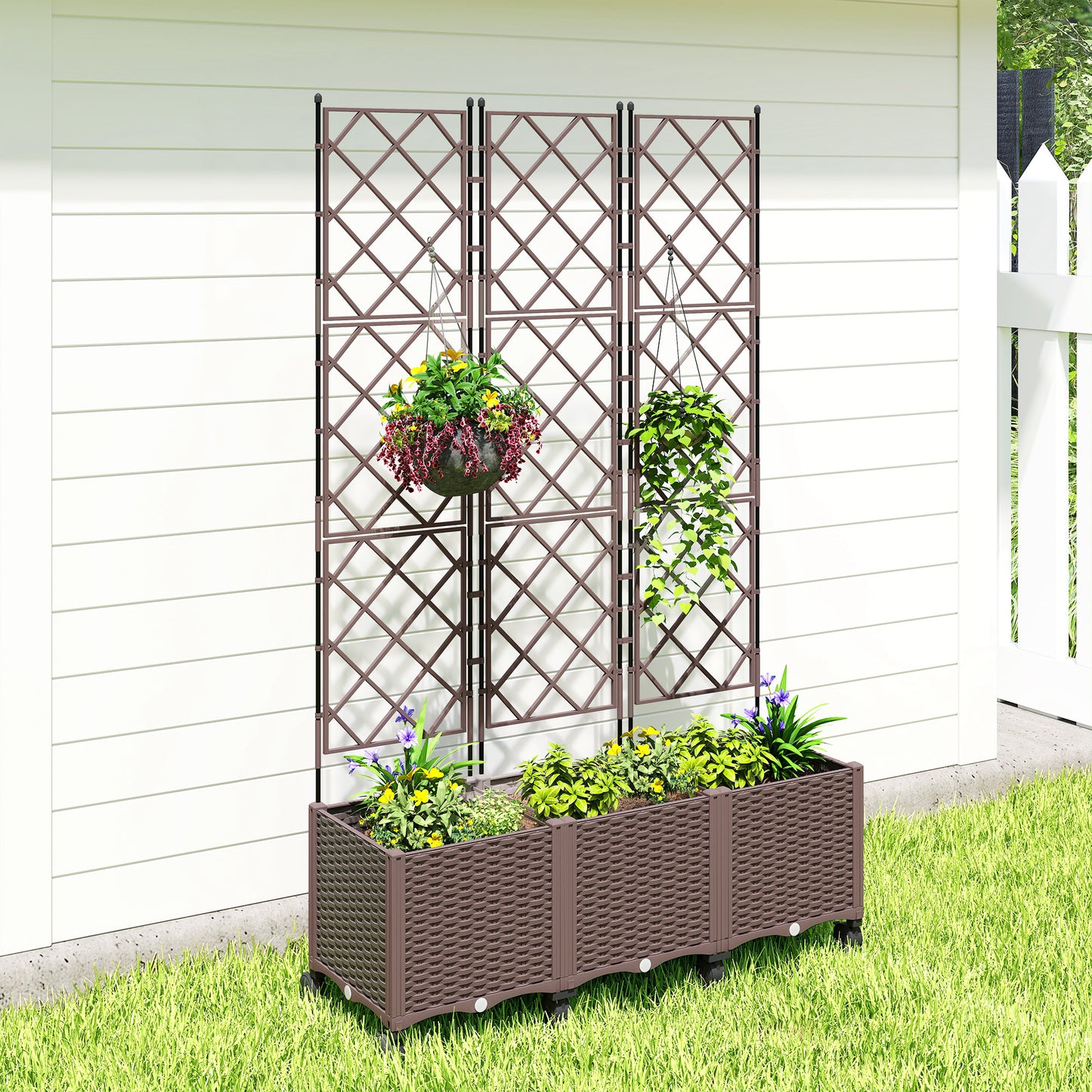 Plastic Raised Planter with Trellis, Self Watering Raised Bed for Garden with Wheels, Drainage Holes and Plugs