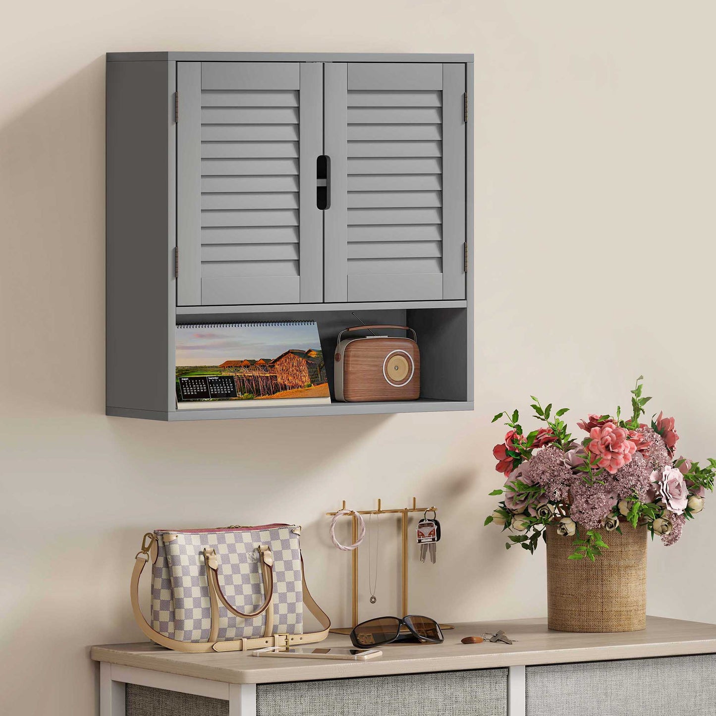 Bathroom Cabinet, Wall Mounted Storage Cabinet with Adjustable Shelves, 60 x 20 x 60 cm, Grey